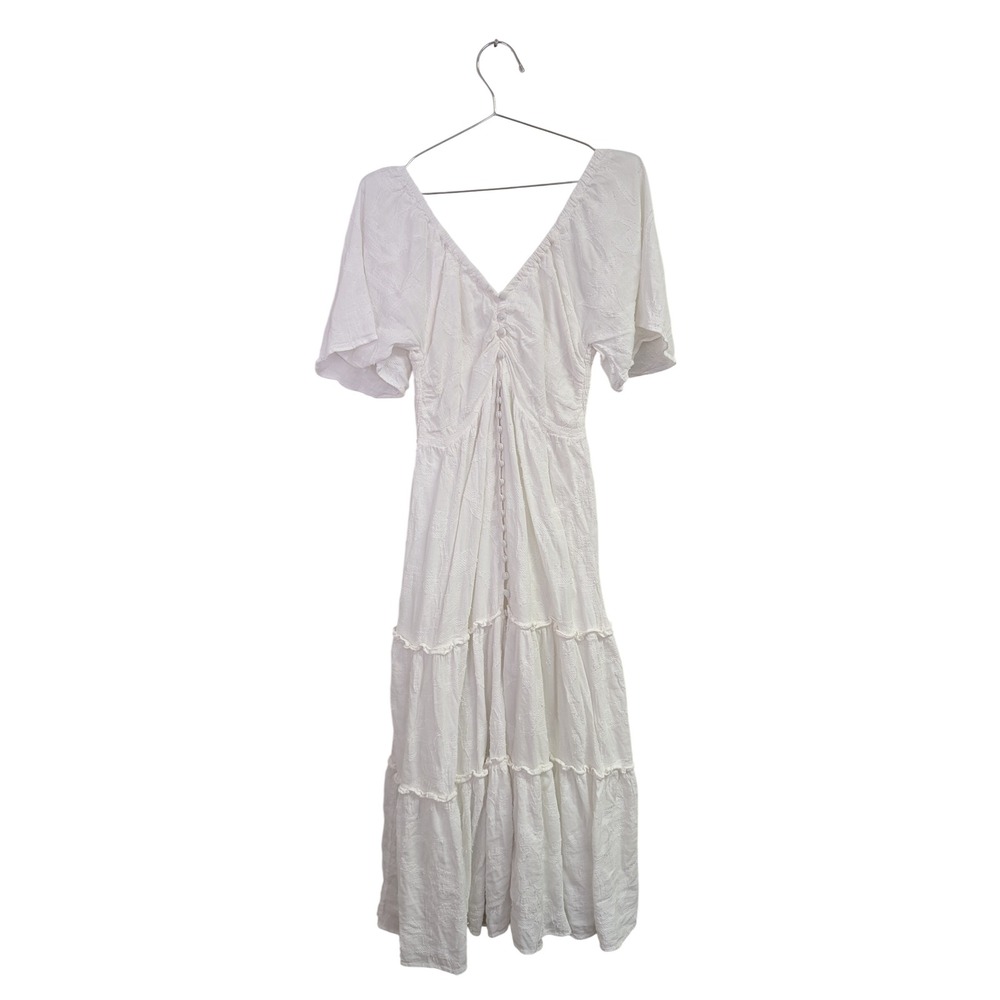By Anthropologie Tiered Maxi Dress Flutter Sleeve Bow Back Embroidered White M - Picture 3 of 12